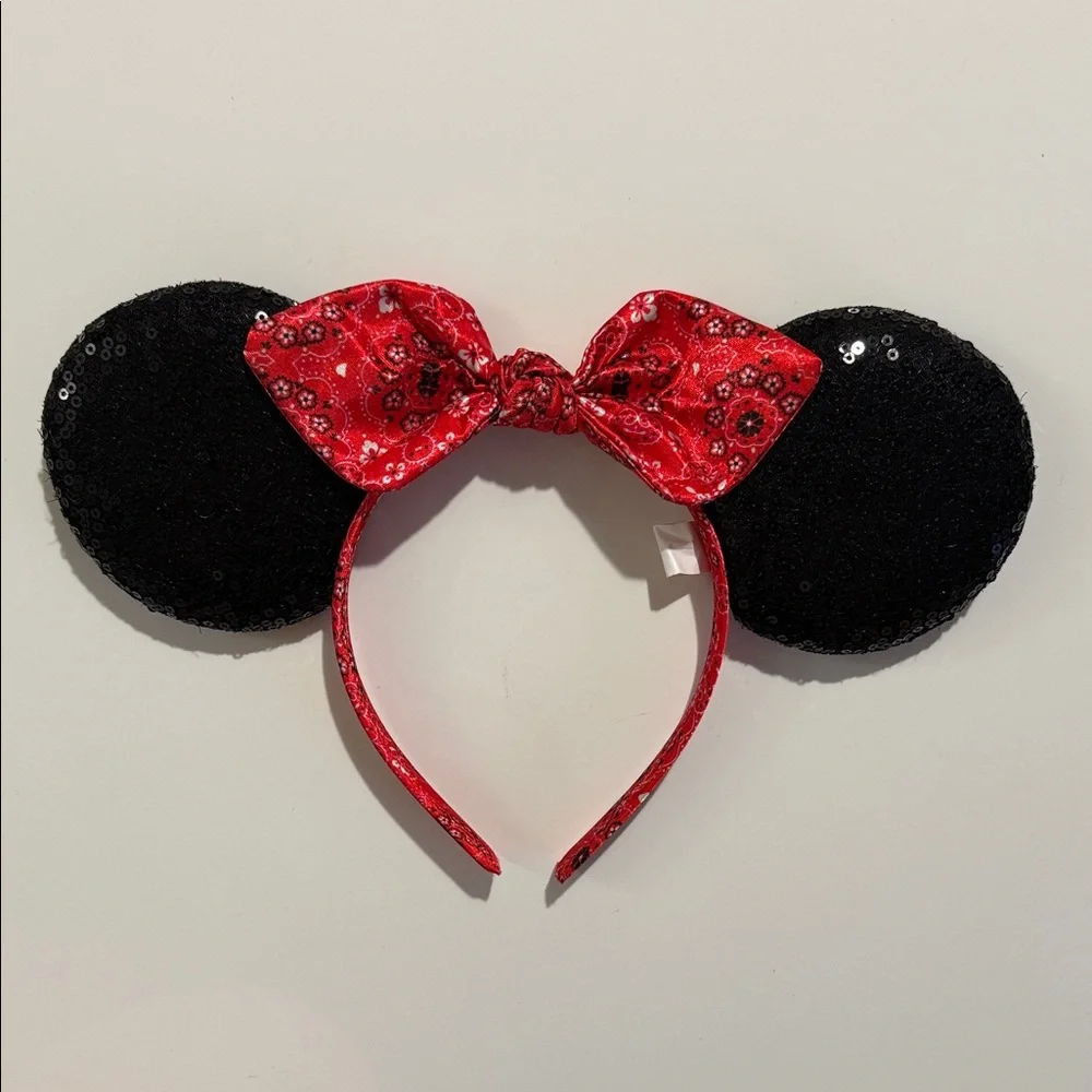 Disney Black Sequin Minnie Ears Headband with Red Bandana Bow